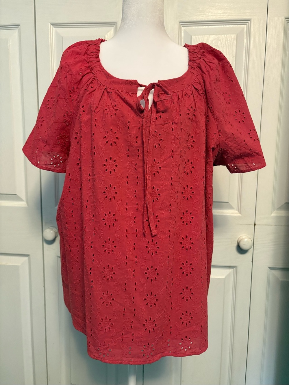 Market & Spruce Dark Pink Eyelet Peasant Top with Tie Neck